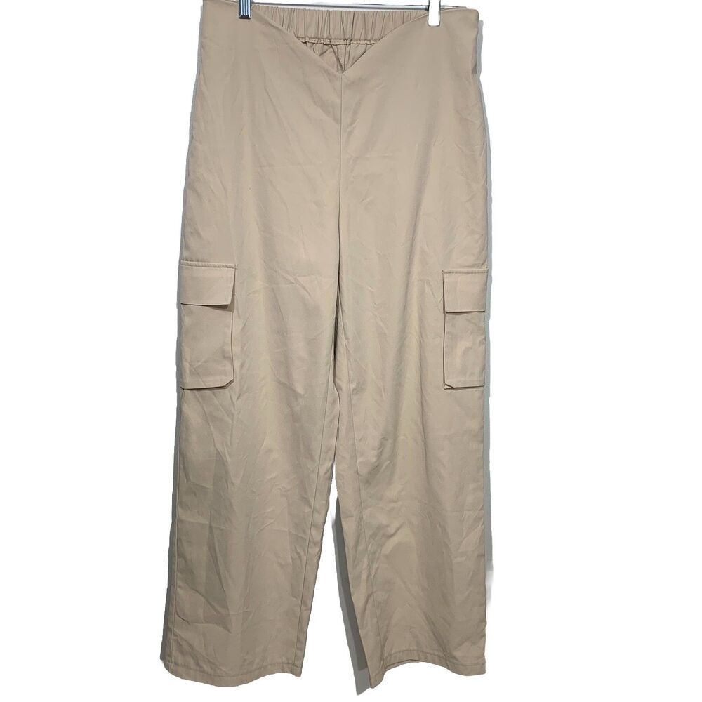 Shein Cargo Pants Womens L 8/10 Tan V-Cut Elastic Waist Wide Leg Utility Pockets